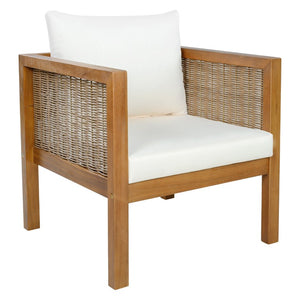 English Elm 4 Piece Acacia Wood Rattan Outdoor Sofa Set with Slatted Coffee Table for Patios 4-Piece Set Beige N719Z000270A