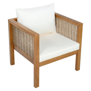 English Elm 4 Piece Acacia Wood Rattan Outdoor Sofa Set with Slatted Coffee Table for Patios 4-Piece Set Beige N719Z000270A
