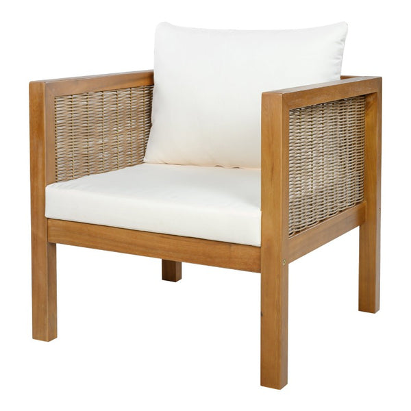 English Elm 4 Piece Acacia Wood Rattan Outdoor Sofa Set with Slatted Coffee Table for Patios 4-Piece Set Beige N719Z000270A