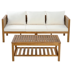 English Elm 4 Piece Acacia Wood Rattan Outdoor Sofa Set with Slatted Coffee Table for Patios 4-Piece Set Beige N719Z000270A