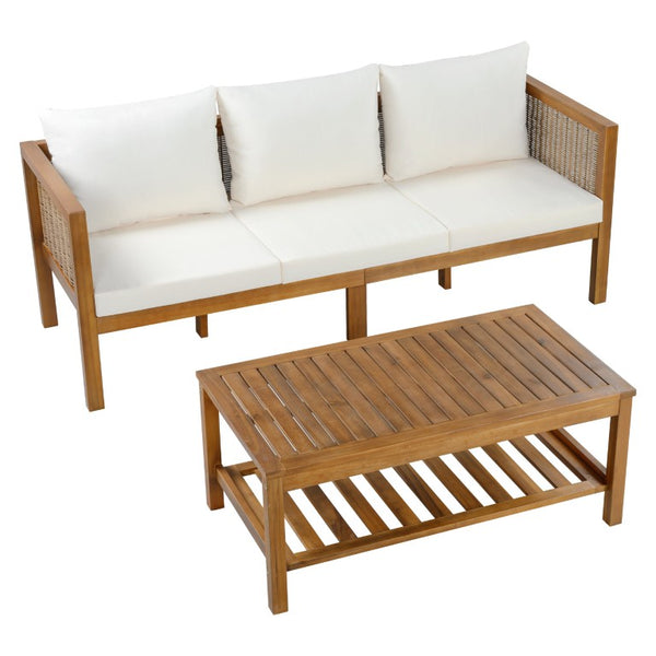 English Elm 4 Piece Acacia Wood Rattan Outdoor Sofa Set with Slatted Coffee Table for Patios 4-Piece Set Beige N719Z000270A