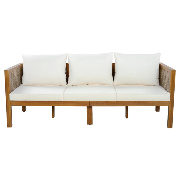 English Elm 4 Piece Acacia Wood Rattan Outdoor Sofa Set with Slatted Coffee Table for Patios 4-Piece Set Beige N719Z000270A
