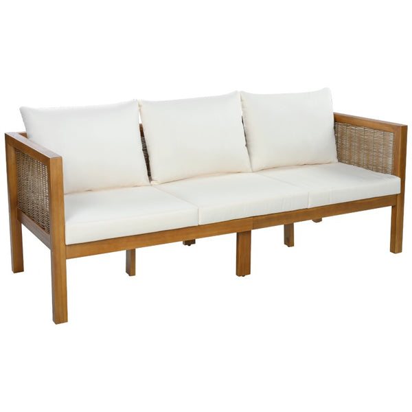 English Elm 4 Piece Acacia Wood Rattan Outdoor Sofa Set with Slatted Coffee Table for Patios 4-Piece Set Beige N719Z000270A