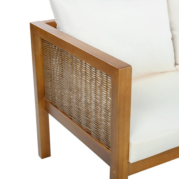 English Elm 4 Piece Acacia Wood Rattan Outdoor Sofa Set with Slatted Coffee Table for Patios 4-Piece Set Beige N719Z000270A