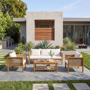 English Elm 4 Piece Acacia Wood Rattan Outdoor Sofa Set with Slatted Coffee Table for Patios 4-Piece Set Beige N719Z000270A
