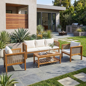 English Elm 4 Piece Acacia Wood Rattan Outdoor Sofa Set with Slatted Coffee Table for Patios 4-Piece Set Beige N719Z000270A