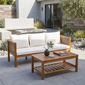 English Elm 4 Piece Acacia Wood Rattan Outdoor Sofa Set with Slatted Coffee Table for Patios 2-Piece Set Beige N719Z000271A