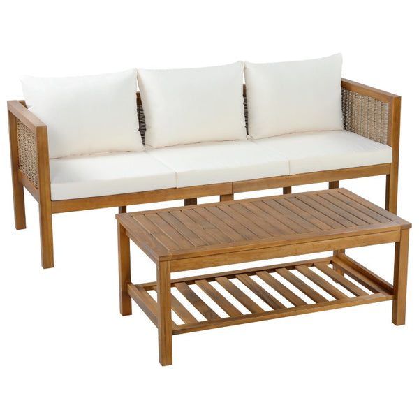English Elm 4 Piece Acacia Wood Rattan Outdoor Sofa Set with Slatted Coffee Table for Patios 2-Piece Set Beige N719Z000271A