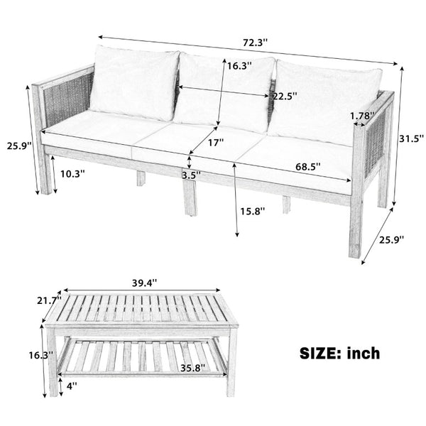 English Elm 4 Piece Acacia Wood Rattan Outdoor Sofa Set with Slatted Coffee Table for Patios 2-Piece Set Beige N719Z000271A