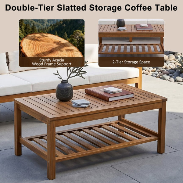 English Elm 4 Piece Acacia Wood Rattan Outdoor Sofa Set with Slatted Coffee Table for Patios 2-Piece Set Beige N719Z000271A