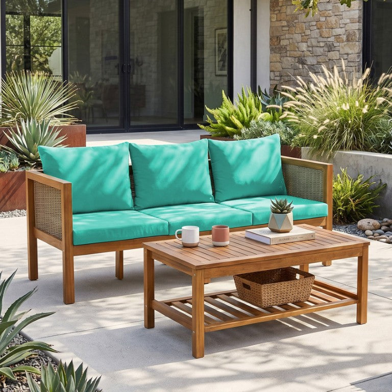 English Elm 3-Seater Outdoor Acacia Wood Rattan Conversation Set with Two-Tier Coffee Table N719Z000271C