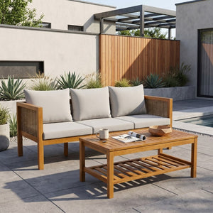 English Elm 4 Piece Acacia Wood Rattan Outdoor Sofa Set with Slatted Coffee Table for Patios 2-Piece Set Grey N719Z000271E