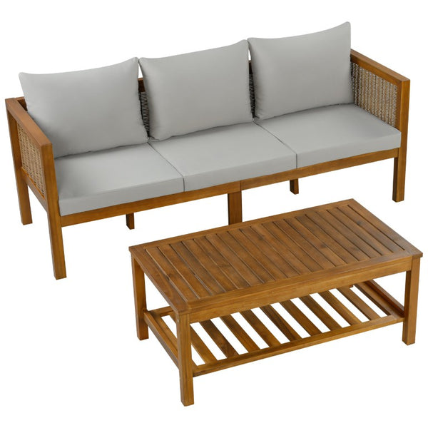 English Elm 4 Piece Acacia Wood Rattan Outdoor Sofa Set with Slatted Coffee Table for Patios 2-Piece Set Grey N719Z000271E