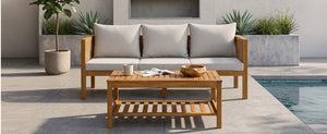 English Elm 4 Piece Acacia Wood Rattan Outdoor Sofa Set with Slatted Coffee Table for Patios 2-Piece Set Grey N719Z000271E