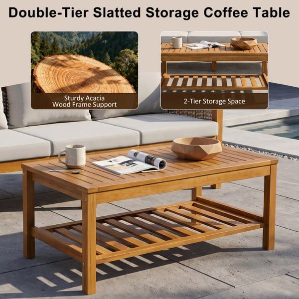 English Elm 4 Piece Acacia Wood Rattan Outdoor Sofa Set with Slatted Coffee Table for Patios 2-Piece Set Grey N719Z000271E