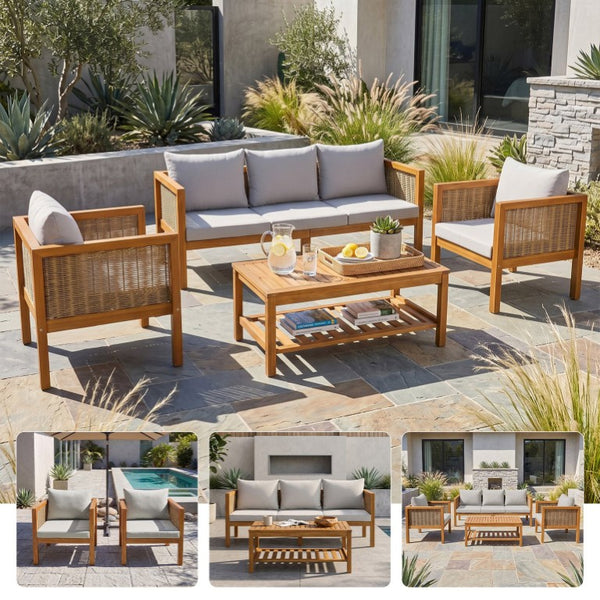 English Elm 4 Piece Acacia Wood Rattan Outdoor Sofa Set with Slatted Coffee Table for Patios 2-Piece Set Grey N719Z000271E