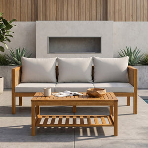English Elm 4 Piece Acacia Wood Rattan Outdoor Sofa Set with Slatted Coffee Table for Patios 2-Piece Set Grey N719Z000271E