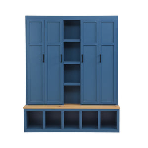 English Elm Hall Tree with Cabinet Storage Bench and Hooks Modern Farmhouse Entryway Organizer N721P286078C