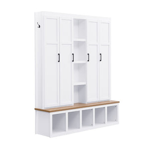 English Elm Hall Tree with Bench Four Cabinet Compartments and Hooks Modern Farmhouse Entryway N721P286079K