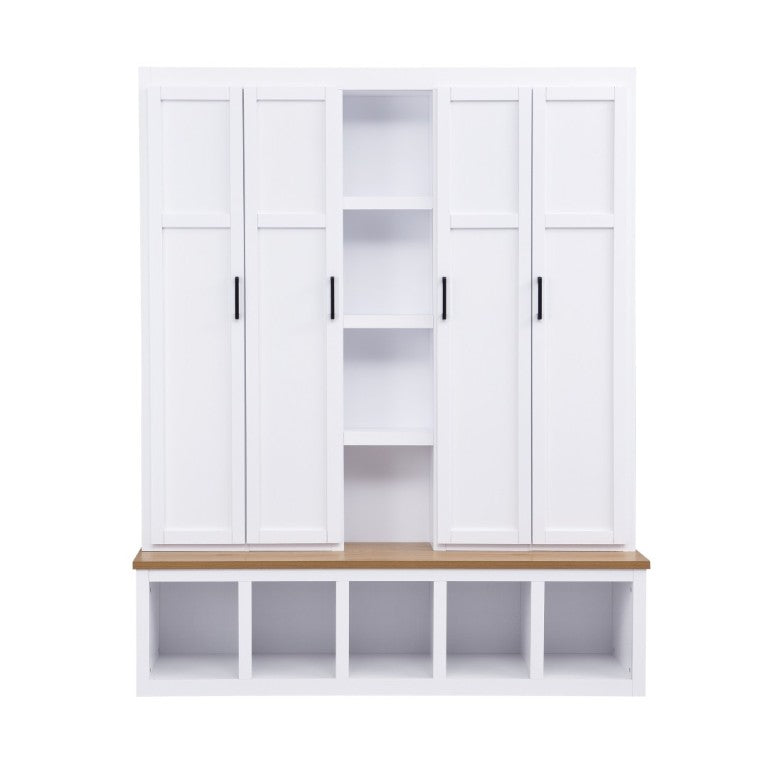 English Elm Hall Tree with Bench Four Cabinet Compartments and Hooks Modern Farmhouse Entryway N721P286079K