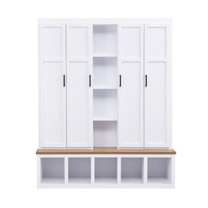 English Elm Hall Tree with Bench Four Cabinet Compartments and Hooks Modern Farmhouse Entryway N721P286079K