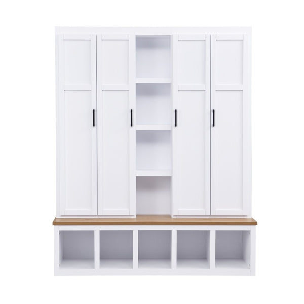 English Elm Hall Tree with Bench Four Cabinet Compartments and Hooks Modern Farmhouse Entryway N721P286079K