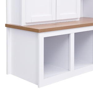 English Elm Hall Tree with Bench Four Cabinet Compartments and Hooks Modern Farmhouse Entryway N721P286079K