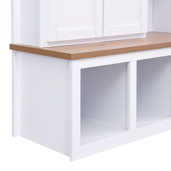 English Elm Hall Tree with Bench Four Cabinet Compartments and Hooks Modern Farmhouse Entryway N721P286079K
