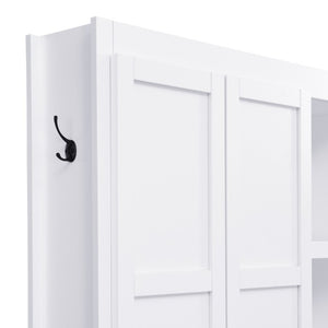 English Elm Hall Tree with Bench Four Cabinet Compartments and Hooks Modern Farmhouse Entryway N721P286079K