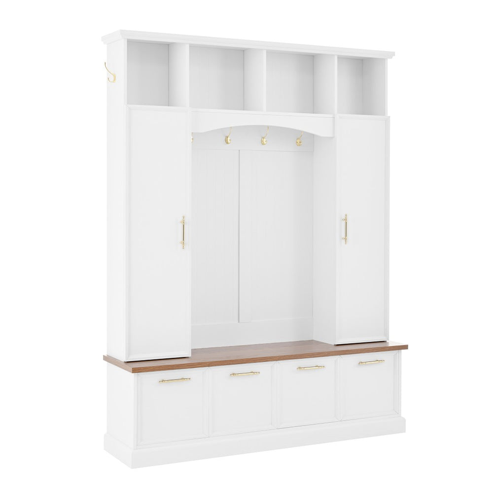 English Elm Hall Tree Farmhouse Entryway Organizer with Cabinet Storage Bench and Gold Hooks N721P313980K