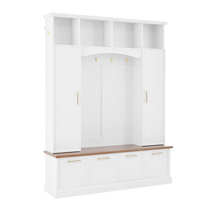 English Elm Hall Tree Farmhouse Entryway Organizer with Cabinet Storage Bench and Gold Hooks N721P313980K