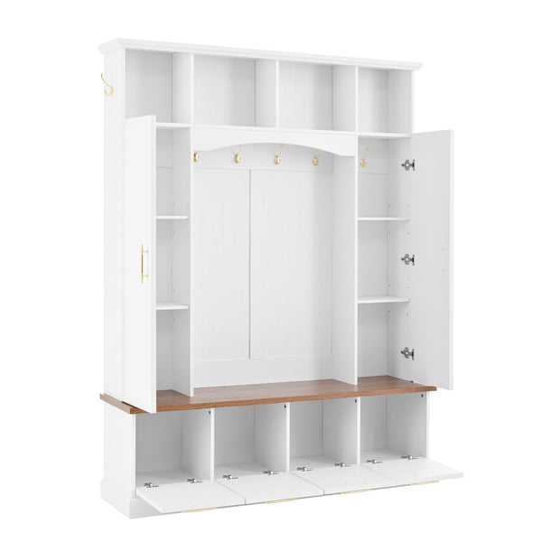 English Elm Hall Tree Farmhouse Entryway Organizer with Cabinet Storage Bench and Gold Hooks N721P313980K
