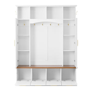 English Elm Hall Tree Farmhouse Entryway Organizer with Cabinet Storage Bench and Gold Hooks N721P313980K
