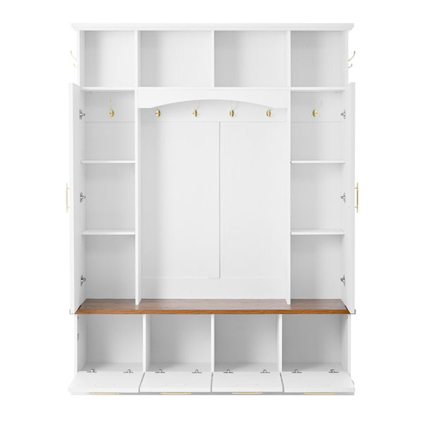 English Elm Hall Tree Farmhouse Entryway Organizer with Cabinet Storage Bench and Gold Hooks N721P313980K