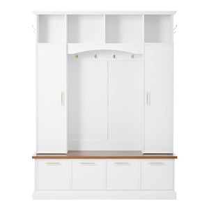 English Elm Hall Tree Farmhouse Entryway Organizer with Cabinet Storage Bench and Gold Hooks N721P313980K