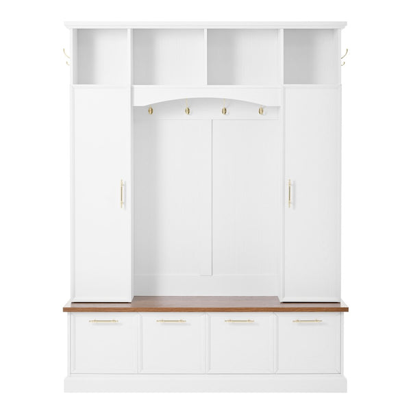 English Elm Hall Tree Farmhouse Entryway Organizer with Cabinet Storage Bench and Gold Hooks N721P313980K