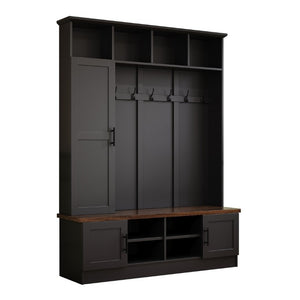 English Elm Hall Tree Modern Farmhouse Entryway Unit with Six Hooks Three Cabinets and Bench Black N721P366128B
