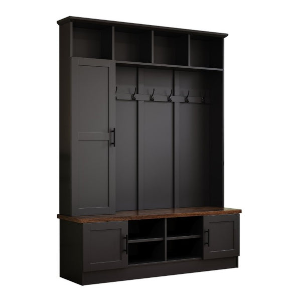 English Elm Hall Tree Modern Farmhouse Entryway Unit with Six Hooks Three Cabinets and Bench Black N721P366128B