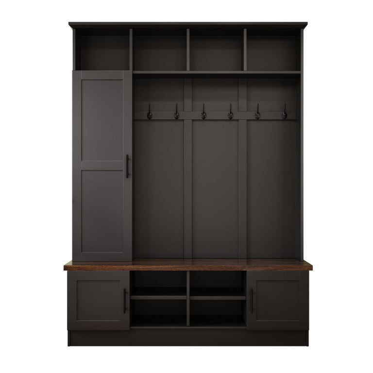English Elm Hall Tree Modern Farmhouse Entryway Unit with Six Hooks Three Cabinets and Bench Black N721P366128B