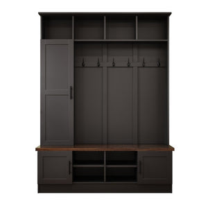 English Elm Hall Tree Modern Farmhouse Entryway Unit with Six Hooks Three Cabinets and Bench Black N721P366128B