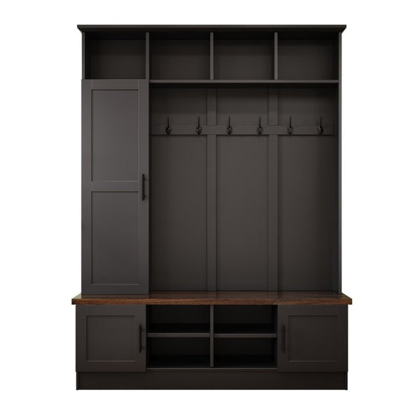 English Elm Hall Tree Modern Farmhouse Entryway Unit with Six Hooks Three Cabinets and Bench Black N721P366128B