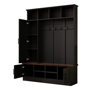 English Elm Hall Tree Modern Farmhouse Entryway Unit with Six Hooks Three Cabinets and Bench Black N721P366128B