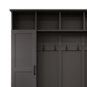 English Elm Hall Tree Modern Farmhouse Entryway Unit with Six Hooks Three Cabinets and Bench Black N721P366128B