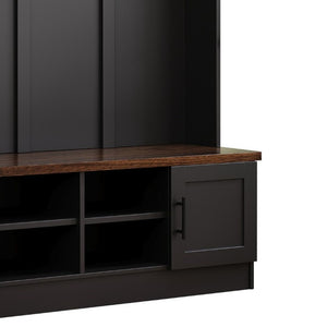 English Elm Hall Tree Modern Farmhouse Entryway Unit with Six Hooks Three Cabinets and Bench Black N721P366128B