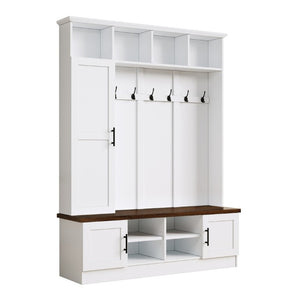 English Elm Hall Tree Modern Farmhouse Entryway Unit with Six Hooks Three Cabinets and Bench White N721P366128K
