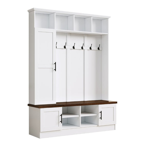 English Elm Hall Tree Modern Farmhouse Entryway Unit with Six Hooks Three Cabinets and Bench White N721P366128K