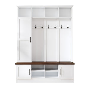 English Elm Hall Tree Modern Farmhouse Entryway Unit with Six Hooks Three Cabinets and Bench White N721P366128K