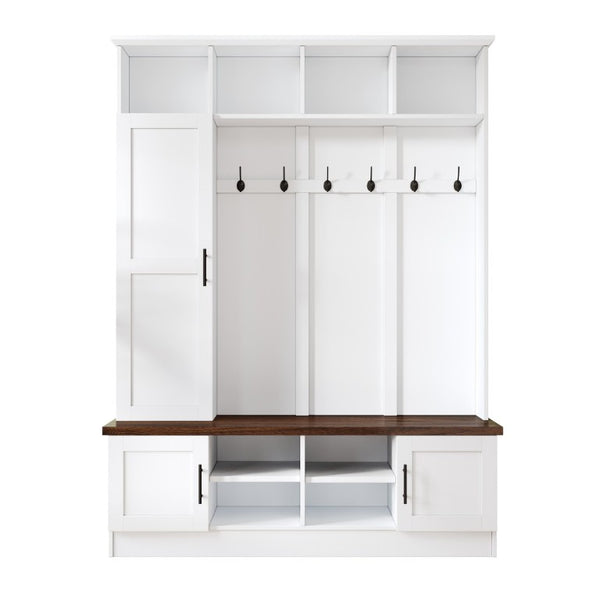 English Elm Hall Tree Modern Farmhouse Entryway Unit with Six Hooks Three Cabinets and Bench White N721P366128K