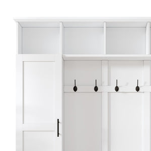 English Elm Hall Tree Modern Farmhouse Entryway Unit with Six Hooks Three Cabinets and Bench White N721P366128K