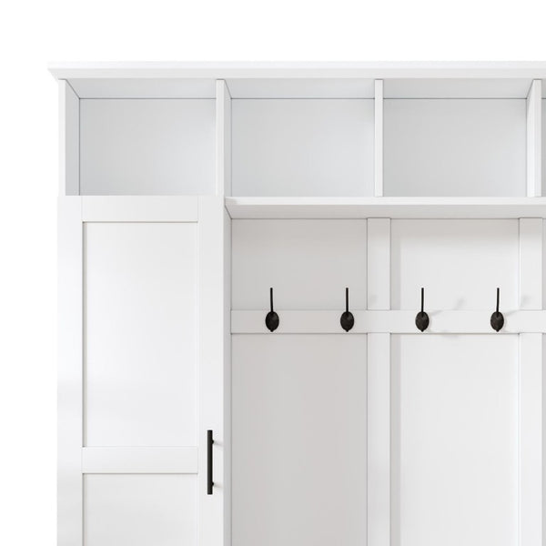 English Elm Hall Tree Modern Farmhouse Entryway Unit with Six Hooks Three Cabinets and Bench White N721P366128K